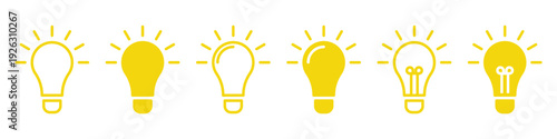 Lamp line and solid icon set. Idea lamp icon collection. Yellow light bulb icons set with various linear and solid styles representing idea creativity and innovation concept.