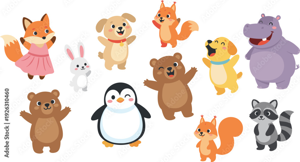 Fototapeta premium Cute Cartoon Forest and Zoo Animals Character Collection