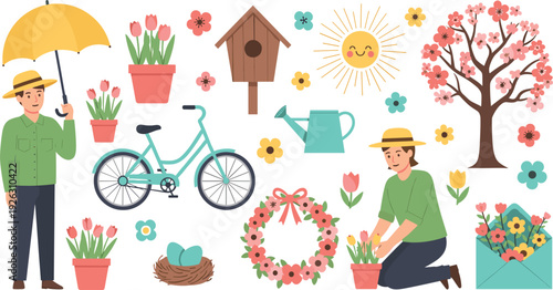 Large spring collection of flat vector illustrations featuring characters gardening, tulip flower pots, birdhouse, cherry blossom tree, bicycle, umbrella, sun, floral wreath, and a nest with eggs.