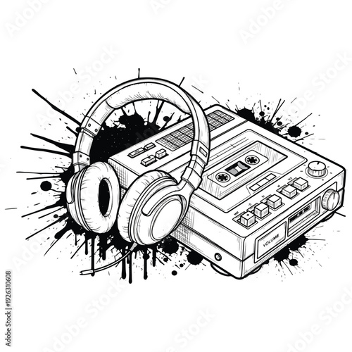 Retro audio cassette tape isolated on white background with vintage music and analogue sound style vector illustration t shirt design.