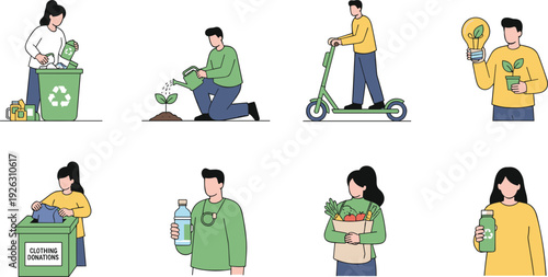 Set of flat vector characters practicing sustainable lifestyle habits including recycling, planting trees, electric , clothing donation, and using reusable water bottles and grocery bags.