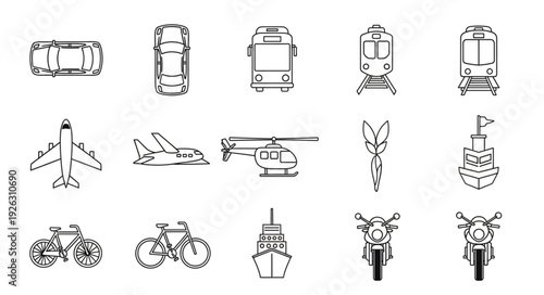 Collection of various transportation vehicles in a simple line art style for design.