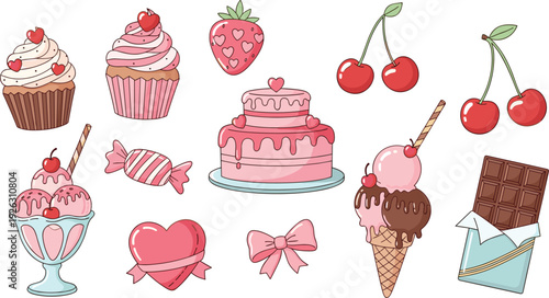 Set of cute hand drawn vector illustrations featuring pink cupcakes, birthday cake, ice cream sundaes, chocolate bar, cherries, and hearts for Valentines Day designs.