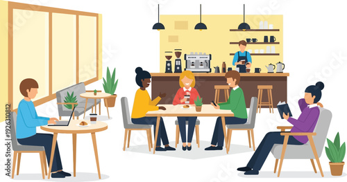 A vibrant cafe scene with people socializing working and enjoying coffee ideal for design projects on transparent background silhouette high quality