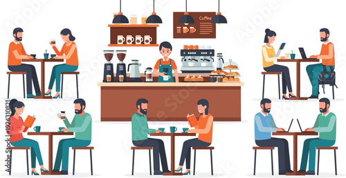A bustling cafe interior scene with people enjoying coffee and conversation on transparent background silhouette high quality professional detailed modern elegant