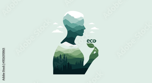 Eco friendly human silhouette with nature landscape