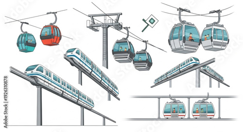 Various illustrations of cable cars and monorail transportation systems in different styles.