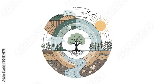 ecological cycle with tree and water flow