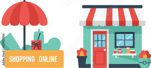 A colorful illustration depicting a shop with an umbrella and gift ideal for design projects on transparent background silhouette high quality