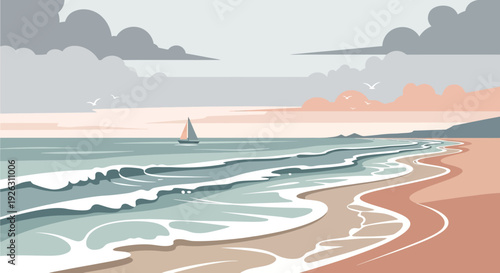 Serene beach scene with sailboat and gentle waves