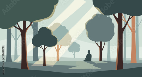 Person meditating in forest with trees and sunbeams