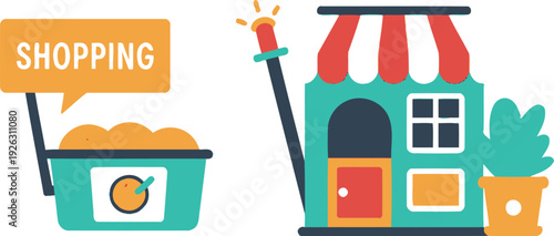 A colorful illustration depicts a shopping cart and storefront with a speech bubble on transparent background silhouette high quality professional detailed
