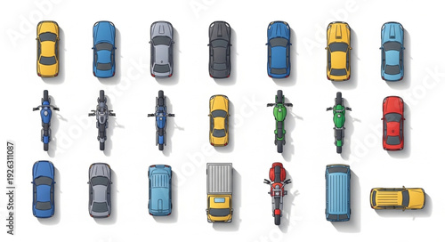 Overhead view of various vehicles and bicycles arranged on a white surface.