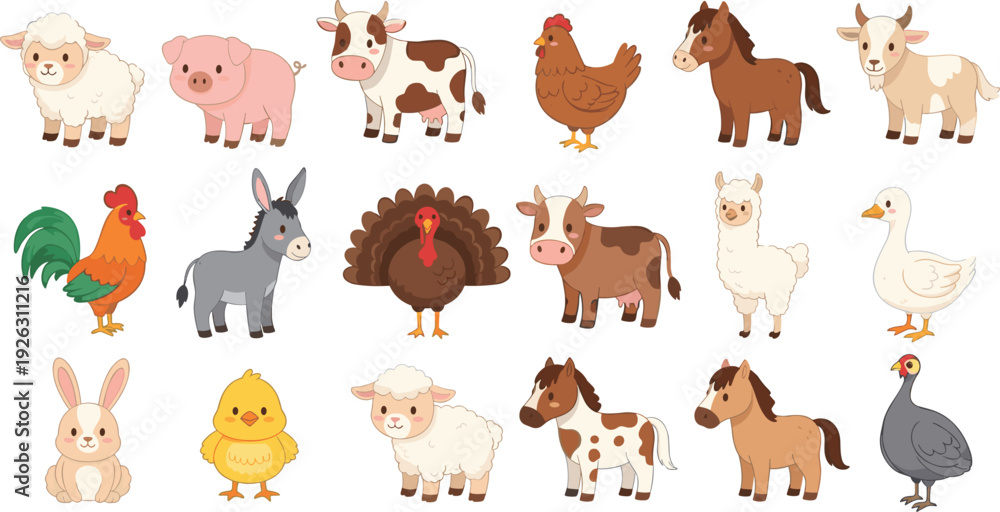 Fototapeta premium Vector collection of cute farm animals featuring sheep pig cow horse goat donkey turkey chicken duck and rabbit characters isolated on white for children nursery design.