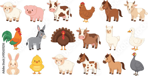 Vector collection of cute farm animals featuring sheep pig cow horse goat donkey turkey chicken duck and rabbit characters isolated on white for children nursery design.