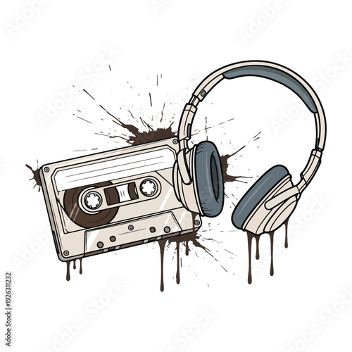 Retro audio cassette tape isolated on white background with vintage music and analogue sound style vector illustration t shirt design.