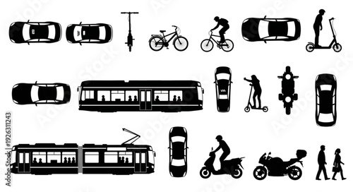 Diverse transportation silhouettes showcasing various vehicles and modes of travel on the road.