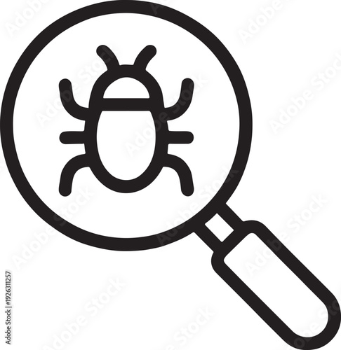 Magnifying glass inspecting computer bug for security