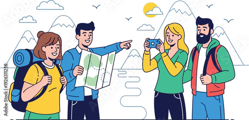 A group of friends hiking in the mountains one taking photos on transparent background silhouette high quality professional detailed modern elegant