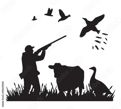 Hunter aiming shotgun at flying birds with dog and waterfowl nearby