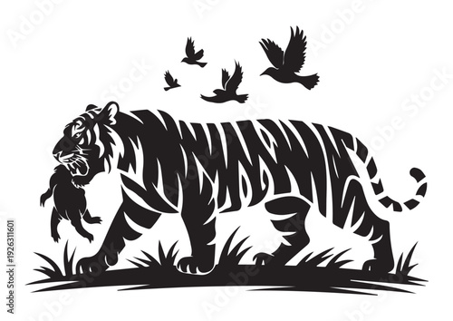 A majestic tiger with an open mouth stands beneath flying birds