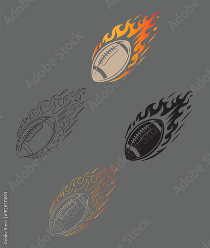 Fiery football graphic with multiple variations on a dark background