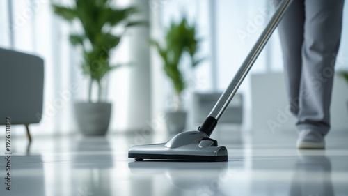 Wallpaper Mural A person vacuums a modern office, sunlight casts soft shadows across the sleek floor Generative AI Torontodigital.ca