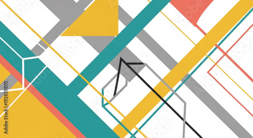 Vibrant geometric abstract art with intersecting lines and shapes in yellow teal gray and orange on white background
