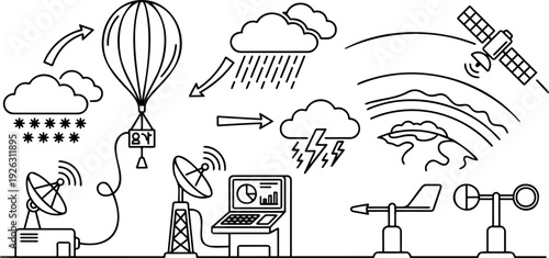 Line art vector of a meteorology and weather forecasting concept with a weather balloon, satellite, radar, and clouds