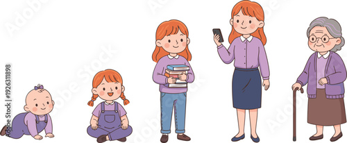 Female Life Stages from Baby to Elderly Woman Cartoon Illustration