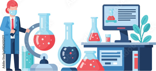 A colorful illustration of a scientist in a lab with equipment perfect for design projects on transparent background silhouette high quality