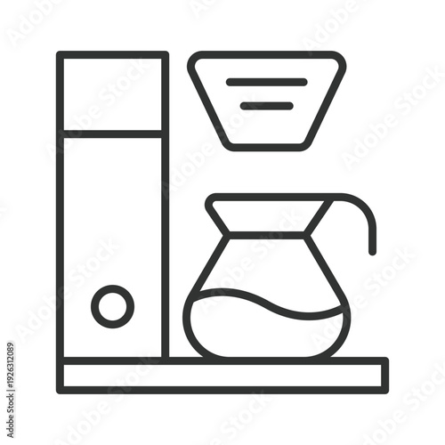 Drip coffee maker icon in line design. drip coffee maker, filter brewer, cafe equipment, kitchen appliance, coffee machine, home brewing, electric coffee. White background vector. Editable stroke icon