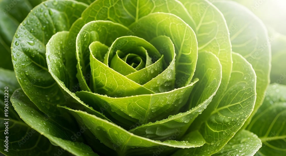 Obraz premium Close-up view of a vibrant green curly leaf with dew droplets creating a mesmerizing pattern