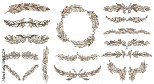 Collection of hand drawn feather designs and wreath elements in earthy tones on white background