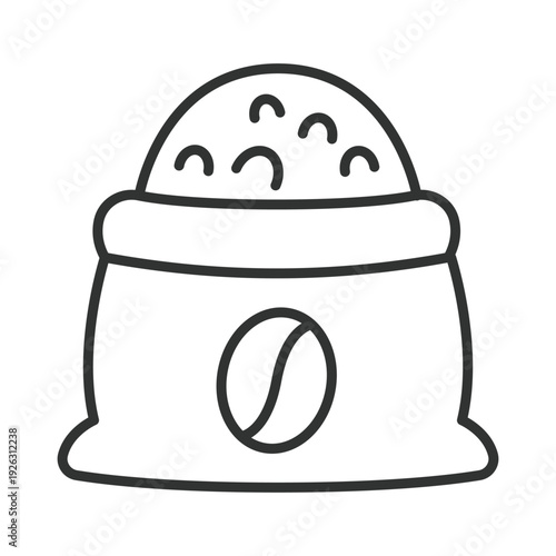 Coffee beans bag icon in line design. coffee beans bag, roasted coffee, cafe ingredient, coffee storage, bean package, barista supply, coffee sack. White background vector. Editable stroke icon