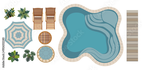 Top view vector icons of furniture and outdoor elements: sunbed, armchair, table, umbrella, plants, pool, patio, garden, and terrace, flat colorful style isolated on transparent background