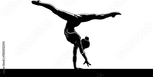 Black and White Silhouette of Female Gymnast Performing One Arm Handstand Split