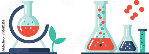 Colorful science equipment illustration featuring beakers flasks and a plant ideal for educational purposes on transparent background silhouette high quality professional