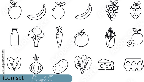 Print Minimalist Fresh Foods and Ingredients Icon Set Featuring Fruits Vegetables Dairy Products and Organic Produce