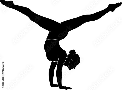 Black and White Silhouette of Female Gymnast Performing One Arm Handstand Split