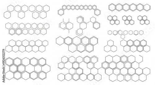 Collection of various molecular structures and chemical compound diagrams in different configurations and complexity on white background
