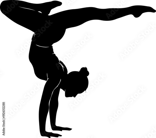 Black and White Silhouette of Female Gymnast Performing One Arm Handstand Split