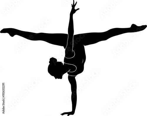 Black and White Silhouette of Female Gymnast Performing One Arm Handstand Split