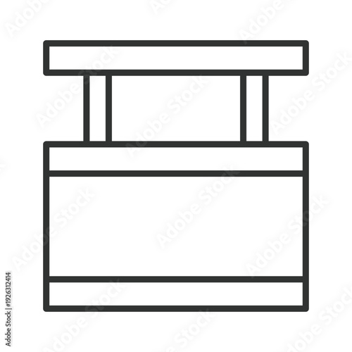 Cafe counter desk icon in line design. cafe counter, coffee shop bar, service counter, cafe furniture, barista station, coffee service, cafe table. White background vector. Editable stroke icon