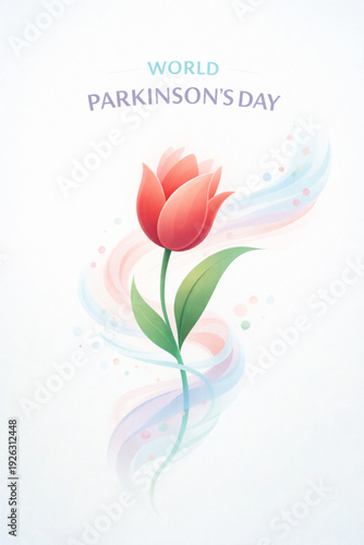 An elegant and minimalist poster for World Parkinson's Day, featuring a single red tulip, the global symbol of the disease. The flower is gracefully surrounded by soft, flowing swirls of blue and pink