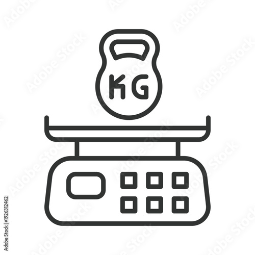 Kitchen scales icon in line design. kitchen scales, cafe measuring, coffee scale, barista measure, weighing device, beans scale, digital scale. White background vector. Editable stroke icon