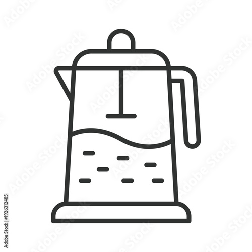 French press icon in line design. french press, press pot, cafe coffee pot, manual brewing, barista equipment, coffee press, french press. White background vector. Editable stroke icon