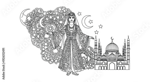 Intricate drawing of a woman with crescent moons stars and a mosque