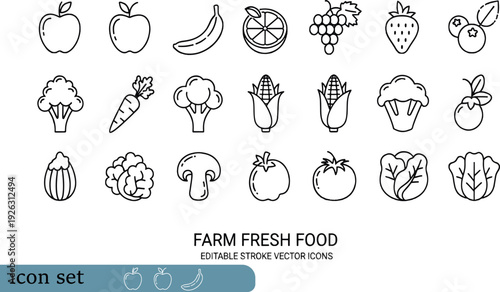 Print Farm Fresh Food Editable Stroke Vector Icon Set Featuring Healthy Vegetables Organic Fruits and Garden Produce Symbols