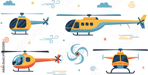 Helicopter vector set with rescue transport and private chopper illustrations in different angles for aviation travel and emergency service design.